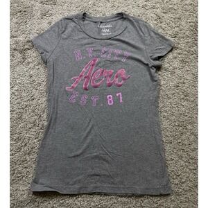 Aeropostale‎ Women's Y2k Baby Tee Gray Pink Glitter Babydoll Coquette Grunge S/M